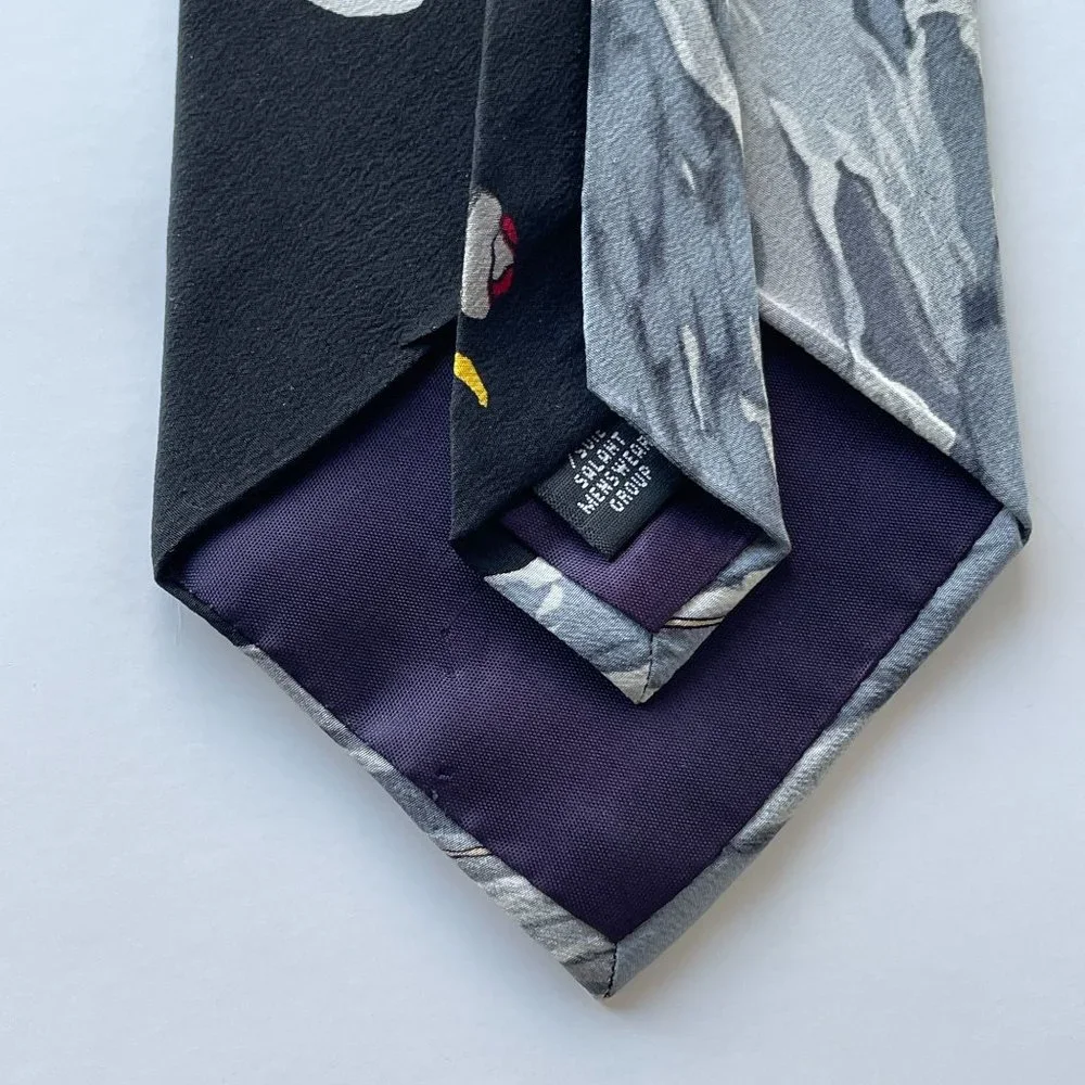 Vintage Peanuts On The Rocks Snoopy Woodstock 100% Silk Tie Men's Black Necktie